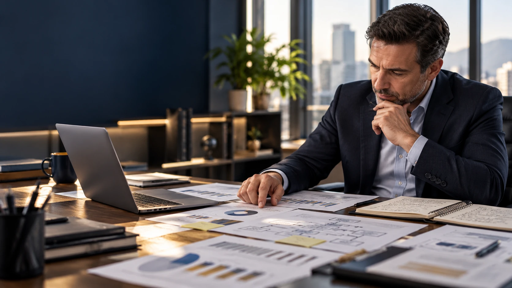 Directivo analizando información e indicadores antes de tomar decisiones