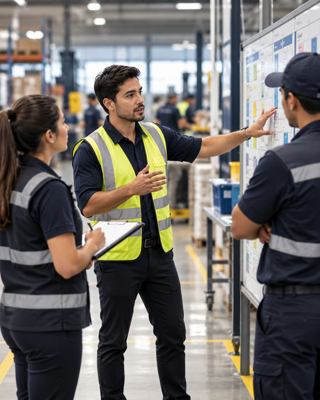 Mandos operativos reunidos en un entorno de logística y distribución